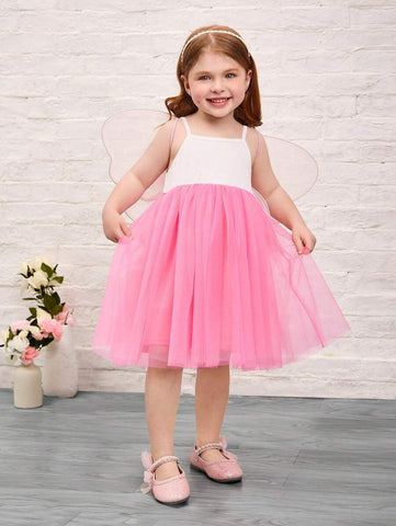 Young Girl Cute Pink 3D ButterFly Wing Shape & Knit Patchwork Mesh Cami Dress Young Girl Cute Pink 3D ButterFly Wing Shape & Knit Patchwork Mesh Cami Dress