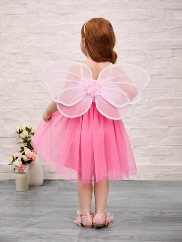 Young Girl Cute Pink 3D ButterFly Wing Shape & Knit Patchwork Mesh Cami Dress Young Girl Cute Pink 3D ButterFly Wing Shape & Knit Patchwork Mesh Cami Dress