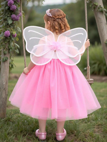 Young Girl Cute Pink 3D ButterFly Wing Shape & Knit Patchwork Mesh Cami Dress Young Girl Cute Pink 3D ButterFly Wing Shape & Knit Patchwork Mesh Cami Dress