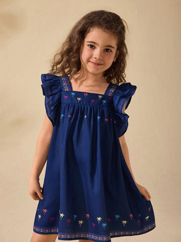 Young Girl Cute Summer Navy Blue Vacation Palm Tree Pattern Ruffled Hem Dress Young Girl Cute Summer Navy Blue Vacation Palm Tree Pattern Ruffled Hem Dress