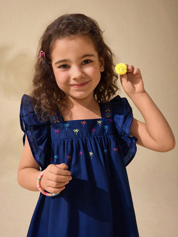 Young Girl Cute Summer Navy Blue Vacation Palm Tree Pattern Ruffled Hem Dress Young Girl Cute Summer Navy Blue Vacation Palm Tree Pattern Ruffled Hem Dress