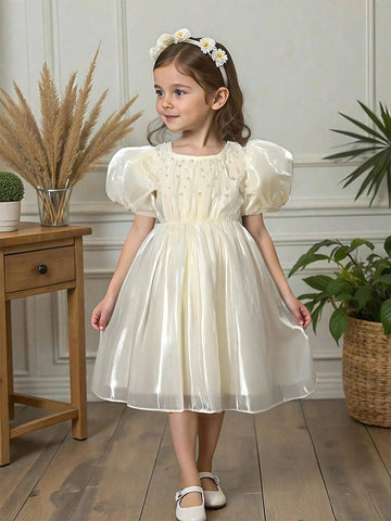 Young Girl Elegant Solid Color Puff Sleeve Beaded Decor Dress Young Girl Elegant Solid Color Puff Sleeve Beaded Decor Dress
