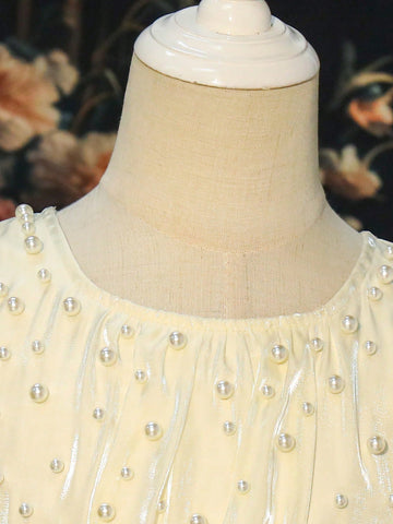 Young Girl Elegant Solid Color Puff Sleeve Beaded Decor Dress Young Girl Elegant Solid Color Puff Sleeve Beaded Decor Dress