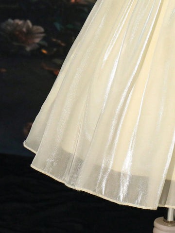 Young Girl Elegant Solid Color Puff Sleeve Beaded Decor Dress Young Girl Elegant Solid Color Puff Sleeve Beaded Decor Dress