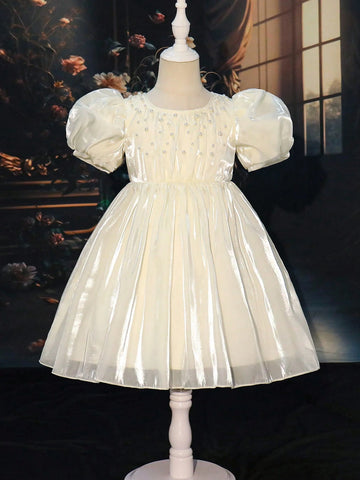 Young Girl Elegant Solid Color Puff Sleeve Beaded Decor Dress Young Girl Elegant Solid Color Puff Sleeve Beaded Decor Dress
