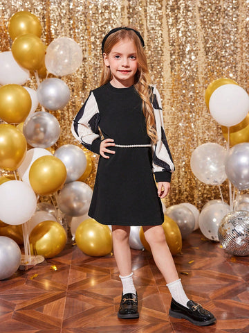 Young Girl Fashionable Black Skirt Splice Color Long Sleeve Dress, Suitable For Everyday Wear , Casual, Vacation Young Girl Fashionable Black Skirt Splice Color Long Sleeve Dress, Suitable For Everyday Wear , Casual, Vacation