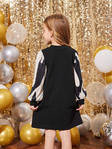 Young Girl Fashionable Black Skirt Splice Color Long Sleeve Dress, Suitable For Everyday Wear , Casual, Vacation Young Girl Fashionable Black Skirt Splice Color Long Sleeve Dress, Suitable For Everyday Wear , Casual, Vacation