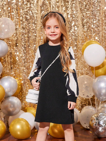 Young Girl Fashionable Black Skirt Splice Color Long Sleeve Dress, Suitable For Everyday Wear , Casual, Vacation Young Girl Fashionable Black Skirt Splice Color Long Sleeve Dress, Suitable For Everyday Wear , Casual, Vacation