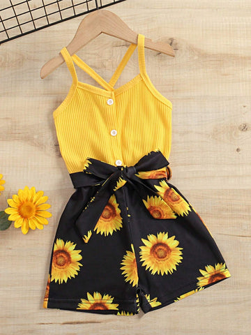 Young Girl Floral Print Criss Cross Belted Cami Romper Young Girl Floral Print Criss Cross Belted Cami Romper