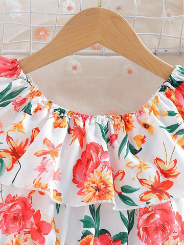 Young Girl Floral Print Dress, Countryside Style, Suitable For Outdoor Activities Young Girl Floral Print Dress, Countryside Style, Suitable For Outdoor Activities