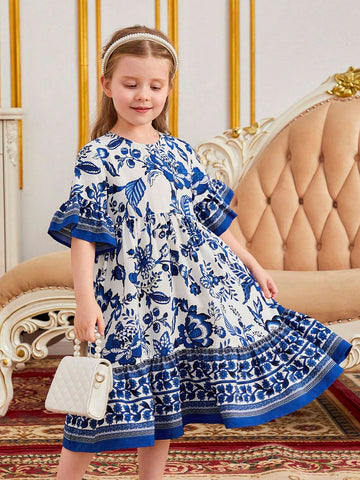 Young Girl Floral Print Flounce Sleeve Ruffle Hem Smock Dress Young Girl Floral Print Flounce Sleeve Ruffle Hem Smock Dress