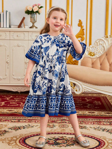 Young Girl Floral Print Flounce Sleeve Ruffle Hem Smock Dress Young Girl Floral Print Flounce Sleeve Ruffle Hem Smock Dress