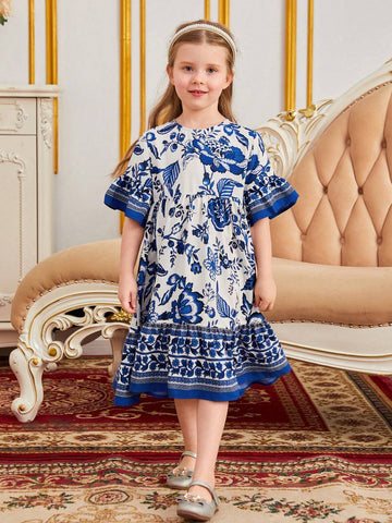 Young Girl Floral Print Flounce Sleeve Ruffle Hem Smock Dress Young Girl Floral Print Flounce Sleeve Ruffle Hem Smock Dress