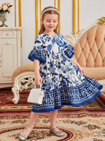 Young Girl Floral Print Flounce Sleeve Ruffle Hem Smock Dress Young Girl Floral Print Flounce Sleeve Ruffle Hem Smock Dress