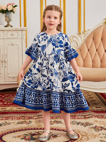 Young Girl Floral Print Flounce Sleeve Ruffle Hem Smock Dress Young Girl Floral Print Flounce Sleeve Ruffle Hem Smock Dress