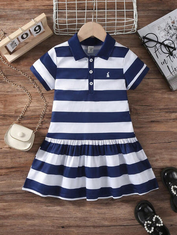 Young Girl Polo Collar Striped Dress, Fashionable & Elegant College Style Young Girl Polo Collar Striped Dress, Fashionable & Elegant College Style