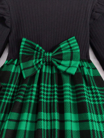 Young Girl Preppy Style Plaid Patchwork Bow Decor Long Sleeve Dress Young Girl Preppy Style Plaid Patchwork Bow Decor Long Sleeve Dress