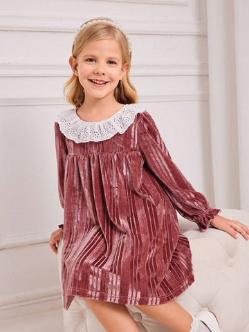 Young Girl Soft Comfy Round Neck Striped Long Sleeve Ruffle Cuff Knitted Dress, Autumn/Winter Young Girl Soft Comfy Round Neck Striped Long Sleeve Ruffle Cuff Knitted Dress, Autumn/Winter