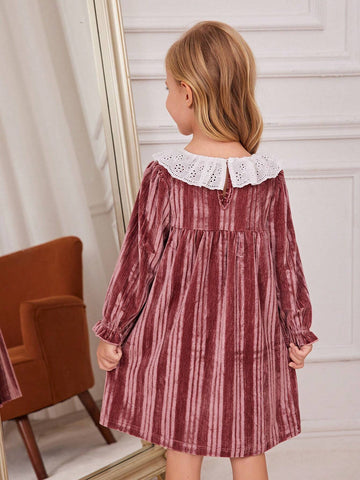 Young Girl Soft Comfy Round Neck Striped Long Sleeve Ruffle Cuff Knitted Dress, Autumn/Winter Young Girl Soft Comfy Round Neck Striped Long Sleeve Ruffle Cuff Knitted Dress, Autumn/Winter