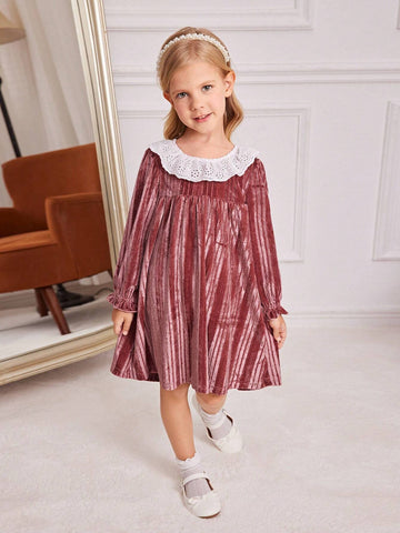 Young Girl Soft Comfy Round Neck Striped Long Sleeve Ruffle Cuff Knitted Dress, Autumn/Winter Young Girl Soft Comfy Round Neck Striped Long Sleeve Ruffle Cuff Knitted Dress, Autumn/Winter