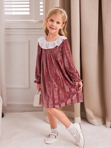Young Girl Soft Comfy Round Neck Striped Long Sleeve Ruffle Cuff Knitted Dress, Autumn/Winter Young Girl Soft Comfy Round Neck Striped Long Sleeve Ruffle Cuff Knitted Dress, Autumn/Winter