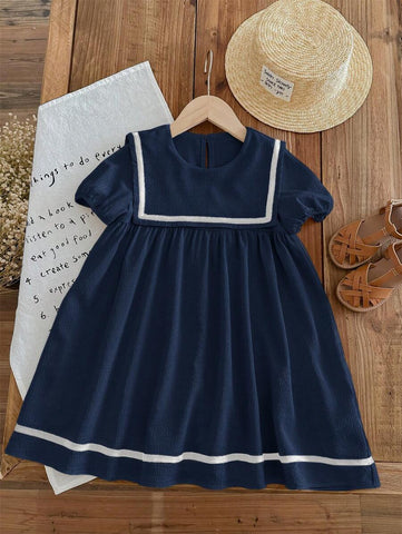 Young Girl Solid Color Adorned Pocket Turn-Down Preppy Dress Young Girl Solid Color Adorned Pocket Turn-Down Preppy Dress