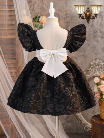 Young Girl Solid Color Floral Jacquard Ruffle Trim Fitted Dress Young Girl Solid Color Floral Jacquard Ruffle Trim Fitted Dress