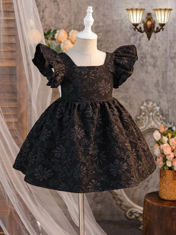 Young Girl Solid Color Floral Jacquard Ruffle Trim Fitted Dress Young Girl Solid Color Floral Jacquard Ruffle Trim Fitted Dress