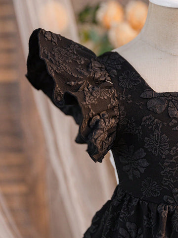 Young Girl Solid Color Floral Jacquard Ruffle Trim Fitted Dress Young Girl Solid Color Floral Jacquard Ruffle Trim Fitted Dress