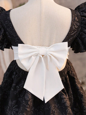 Young Girl Solid Color Floral Jacquard Ruffle Trim Fitted Dress Young Girl Solid Color Floral Jacquard Ruffle Trim Fitted Dress