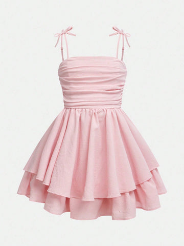 Young Girl Solid Color Round Neck Puff Sleeve Fitted Dress Young Girl Solid Color Round Neck Puff Sleeve Fitted Dress