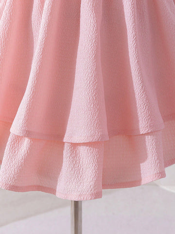 Young Girl Solid Color Round Neck Puff Sleeve Fitted Dress Young Girl Solid Color Round Neck Puff Sleeve Fitted Dress