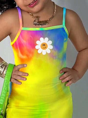 Young Girl Street Style Tie-Dye Cartoon Smiling Face & Floral Print Sleeveless Knit Dress Young Girl Street Style Tie-Dye Cartoon Smiling Face & Floral Print Sleeveless Knit Dress