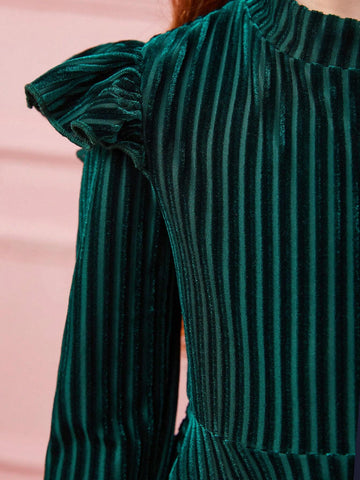 Young Girl Striped Velvet A-Line Dress,Elegant Ruffle Long Sleeve Velvet Cake Dress,For Birthday Party, Vacation Young Girl Striped Velvet A-Line Dress,Elegant Ruffle Long Sleeve Velvet Cake Dress,For Birthday Party, Vacation