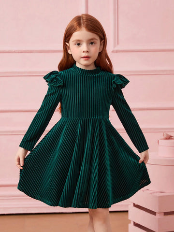 Young Girl Striped Velvet A-Line Dress,Elegant Ruffle Long Sleeve Velvet Cake Dress,For Birthday Party, Vacation Young Girl Striped Velvet A-Line Dress,Elegant Ruffle Long Sleeve Velvet Cake Dress,For Birthday Party, Vacation