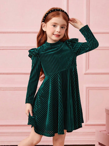 Young Girl Striped Velvet A-Line Dress,Elegant Ruffle Long Sleeve Velvet Cake Dress,For Birthday Party, Vacation Young Girl Striped Velvet A-Line Dress,Elegant Ruffle Long Sleeve Velvet Cake Dress,For Birthday Party, Vacation