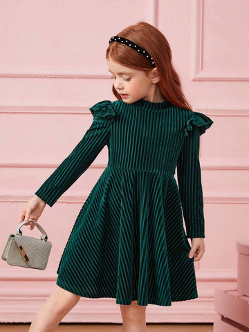 Young Girl Striped Velvet A-Line Dress,Elegant Ruffle Long Sleeve Velvet Cake Dress,For Birthday Party, Vacation Young Girl Striped Velvet A-Line Dress,Elegant Ruffle Long Sleeve Velvet Cake Dress,For Birthday Party, Vacation
