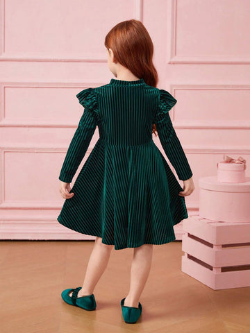 Young Girl Striped Velvet A-Line Dress,Elegant Ruffle Long Sleeve Velvet Cake Dress,For Birthday Party, Vacation Young Girl Striped Velvet A-Line Dress,Elegant Ruffle Long Sleeve Velvet Cake Dress,For Birthday Party, Vacation