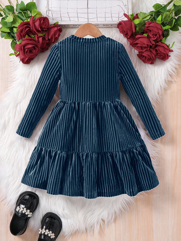 Young Girl Striped Velvet A-Line Dress, Elegant Long Sleeve Cake Dress, For Birthday Party, Vacation, Great For Casual & Daily Wear & School Daily Young Girl Striped Velvet A-Line Dress, Elegant Long Sleeve Cake Dress, For Birthday Party, Vacation, Great For Casual & Daily Wear & School Daily