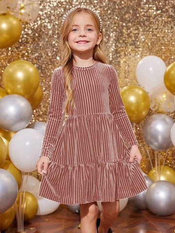 Young Girl Striped Velvet A-Line Dress, Elegant Long Sleeve Cake Dress, For Birthday Party, Vacation, Great For Casual & Daily Wear & School Daily Young Girl Striped Velvet A-Line Dress, Elegant Long Sleeve Cake Dress, For Birthday Party, Vacation, Great For Casual & Daily Wear & School Daily