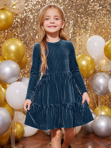 Young Girl Striped Velvet A-Line Dress, Elegant Long Sleeve Cake Dress, For Birthday Party, Vacation, Great For Casual & Daily Wear & School Daily Young Girl Striped Velvet A-Line Dress, Elegant Long Sleeve Cake Dress, For Birthday Party, Vacation, Great For Casual & Daily Wear & School Daily