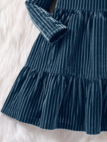 Young Girl Striped Velvet A-Line Dress, Elegant Long Sleeve Cake Dress, For Birthday Party, Vacation, Great For Casual & Daily Wear & School Daily Young Girl Striped Velvet A-Line Dress, Elegant Long Sleeve Cake Dress, For Birthday Party, Vacation, Great For Casual & Daily Wear & School Daily