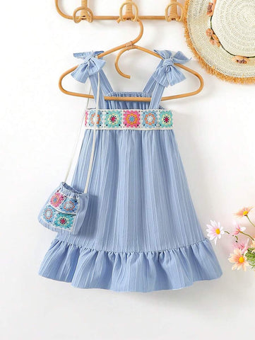 Young Girl Sweet Jacquard Knitted Floral Pattern Cami Straight Dress + Matching Handbag Young Girl Sweet Jacquard Knitted Floral Pattern Cami Straight Dress + Matching Handbag