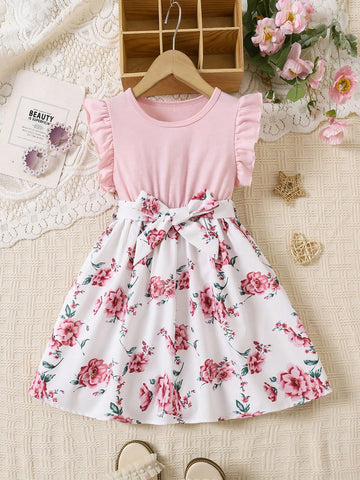 Young Girl Vacation Casual Colorblock Floral Print Dress Young Girl Vacation Casual Colorblock Floral Print Dress