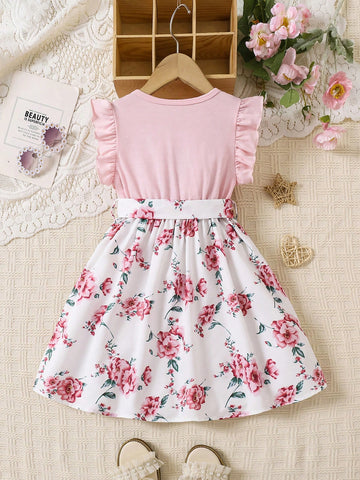 Young Girl Vacation Casual Colorblock Floral Print Dress Young Girl Vacation Casual Colorblock Floral Print Dress