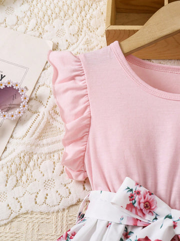 Young Girl Vacation Casual Colorblock Floral Print Dress Young Girl Vacation Casual Colorblock Floral Print Dress