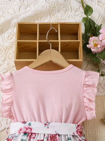 Young Girl Vacation Casual Colorblock Floral Print Dress Young Girl Vacation Casual Colorblock Floral Print Dress