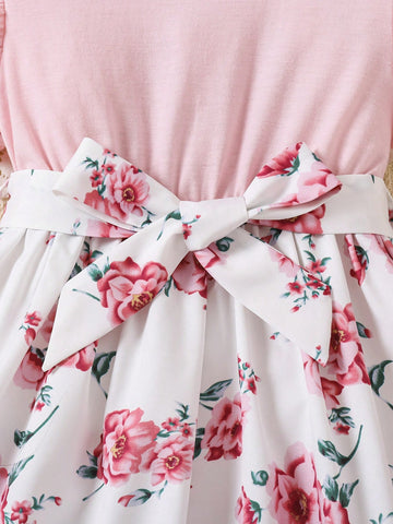 Young Girl Vacation Casual Colorblock Floral Print Dress Young Girl Vacation Casual Colorblock Floral Print Dress