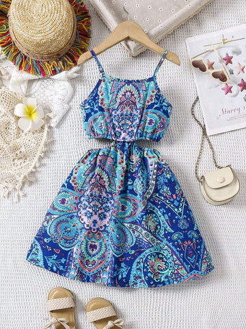 Young Girl Vintage Floral Print Hollow-Out Strap Dress Young Girl Vintage Floral Print Hollow-Out Strap Dress
