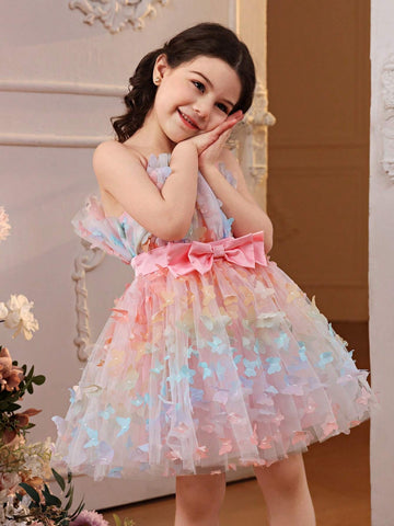 Young Girl Wedding  Dress, Gorgeous Cute 3D Butterfly  Mesh Multicolor ,Tulle Puffy Dress, Big Bow Detail ,Princess Dress, Suitable For Parties And Dances Young Girl Wedding  Dress, Gorgeous Cute 3D Butterfly  Mesh Multicolor ,Tulle Puffy Dress, Big Bow Detail ,Princess Dress, Suitable For Parties And Dances